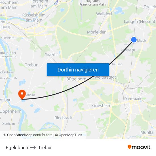 Egelsbach to Trebur map
