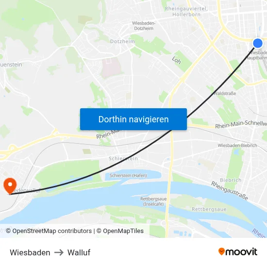 Wiesbaden to Walluf map