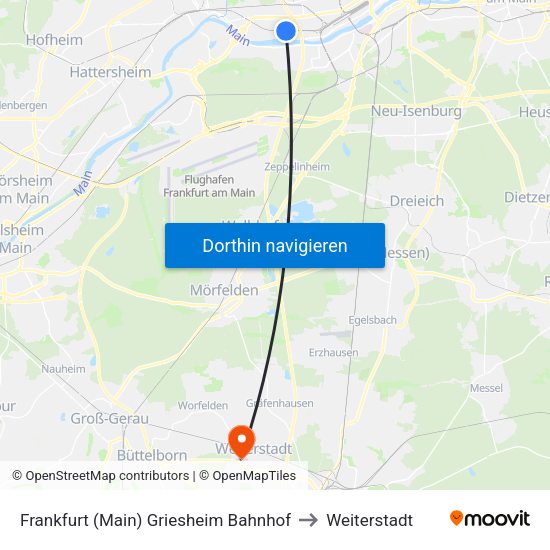 Frankfurt (Main) Griesheim Bahnhof to Weiterstadt map