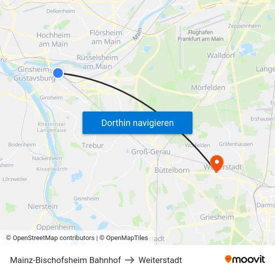 Mainz-Bischofsheim Bahnhof to Weiterstadt map