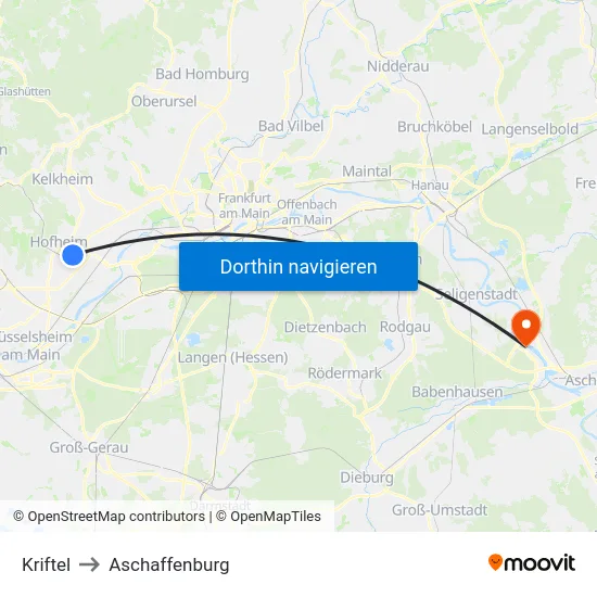 Kriftel to Aschaffenburg map