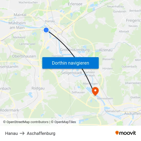 Hanau to Aschaffenburg map
