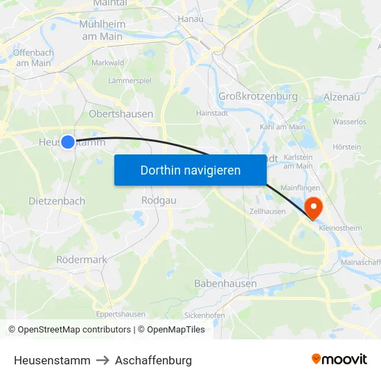 Heusenstamm to Aschaffenburg map