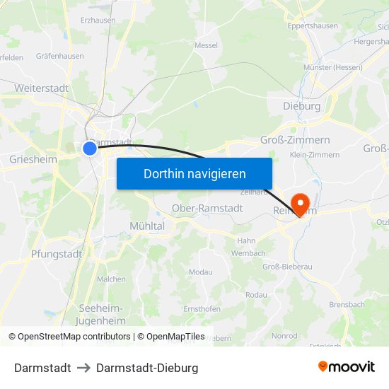 Darmstadt to Darmstadt-Dieburg map