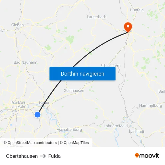 Obertshausen to Fulda map