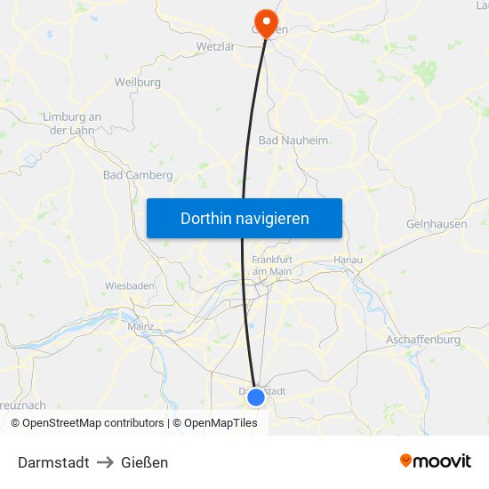 Darmstadt to Gießen map