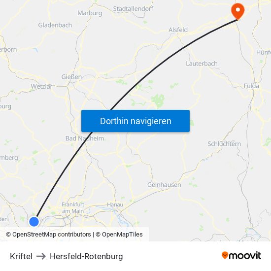 Kriftel to Hersfeld-Rotenburg map