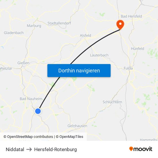 Niddatal to Hersfeld-Rotenburg map