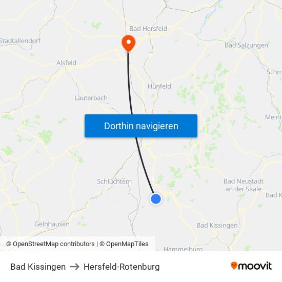 Bad Kissingen to Hersfeld-Rotenburg map