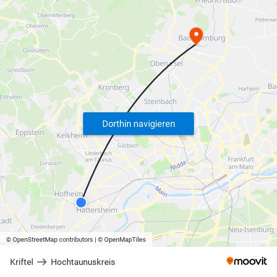 Kriftel to Hochtaunuskreis map