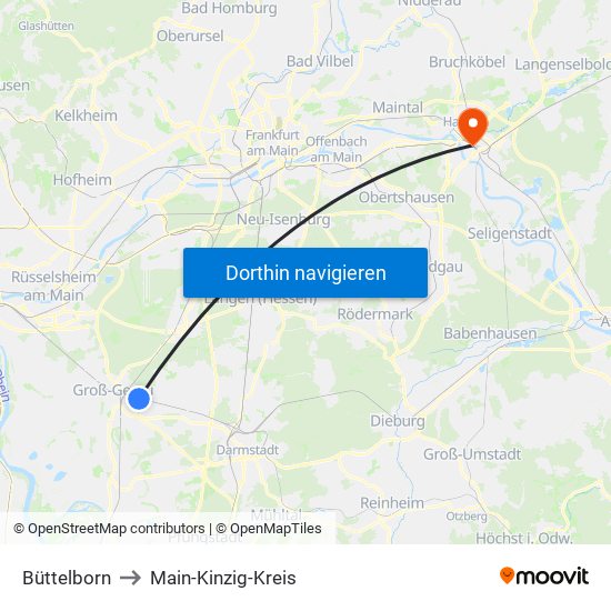Büttelborn to Main-Kinzig-Kreis map