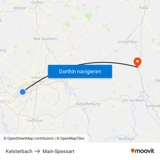 Kelsterbach to Main-Spessart map