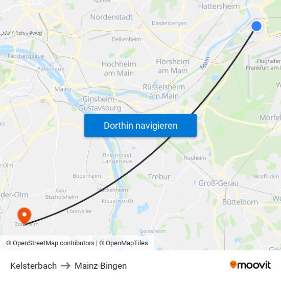 Kelsterbach to Mainz-Bingen map