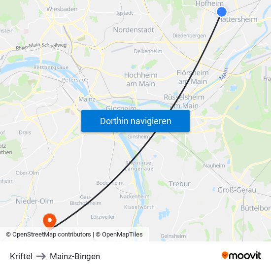 Kriftel to Mainz-Bingen map