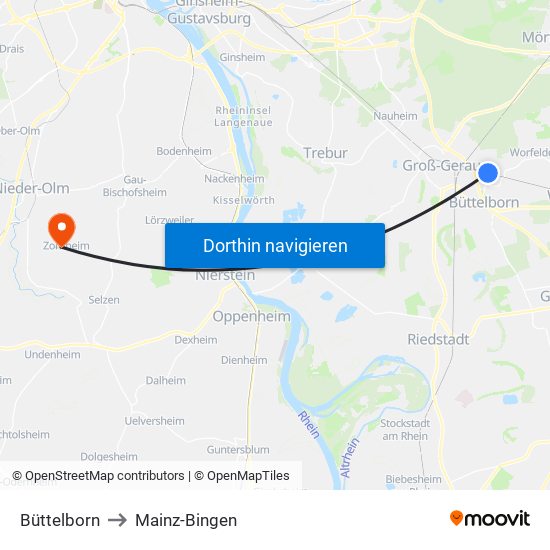 Büttelborn to Mainz-Bingen map