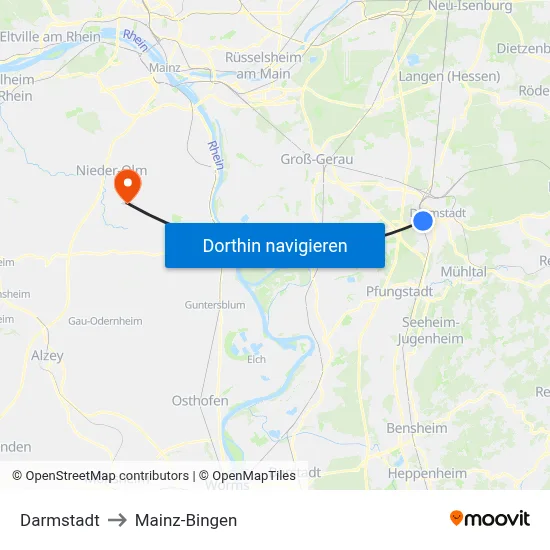Darmstadt to Mainz-Bingen map
