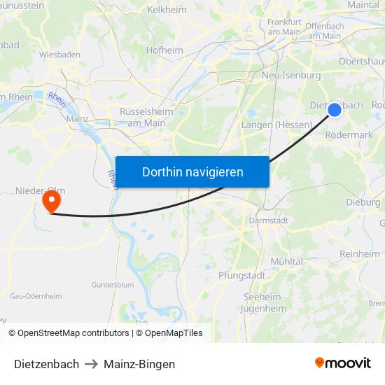 Dietzenbach to Mainz-Bingen map