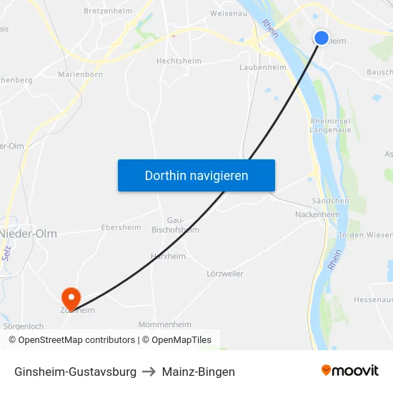 Ginsheim-Gustavsburg to Mainz-Bingen map