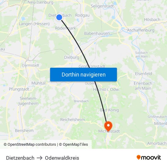 Dietzenbach to Odenwaldkreis map