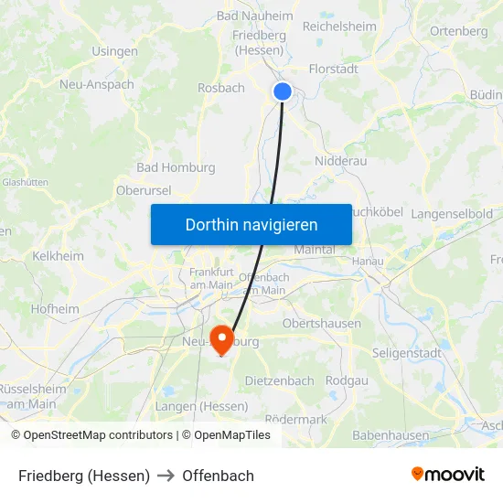Friedberg (Hessen) to Offenbach map