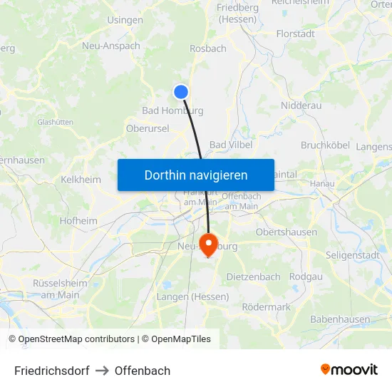 Friedrichsdorf to Offenbach map