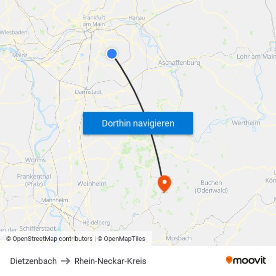 Dietzenbach to Rhein-Neckar-Kreis map
