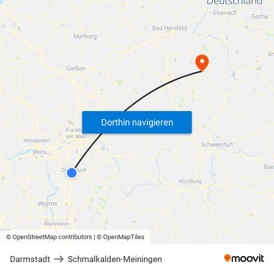 Darmstadt to Schmalkalden-Meiningen map