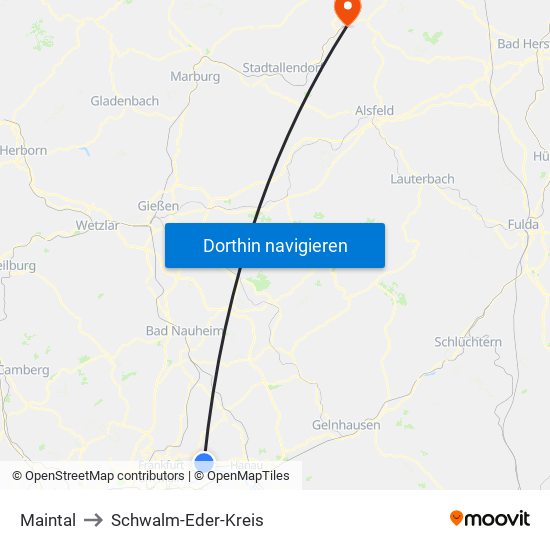 Maintal to Schwalm-Eder-Kreis map