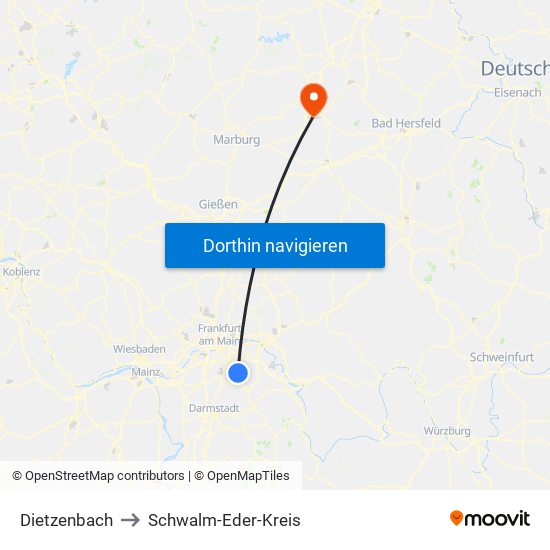 Dietzenbach to Schwalm-Eder-Kreis map