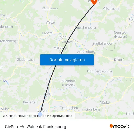 Gießen to Waldeck-Frankenberg map