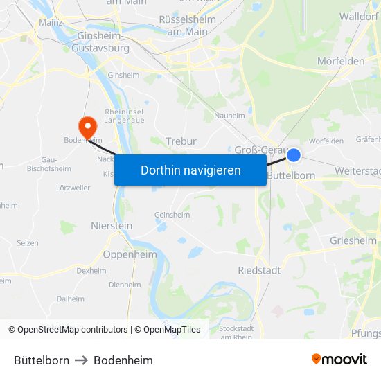 Büttelborn to Bodenheim map