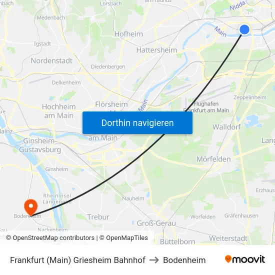 Frankfurt (Main) Griesheim Bahnhof to Bodenheim map