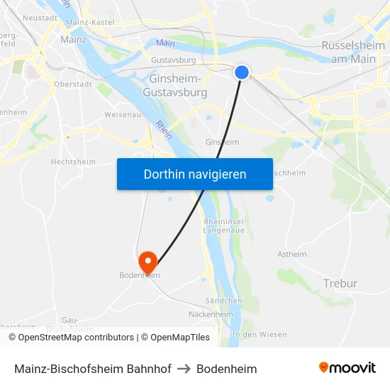 Mainz-Bischofsheim Bahnhof to Bodenheim map