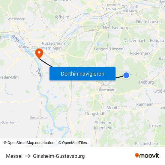 Messel to Ginsheim-Gustavsburg map