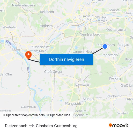 Dietzenbach to Ginsheim-Gustavsburg map