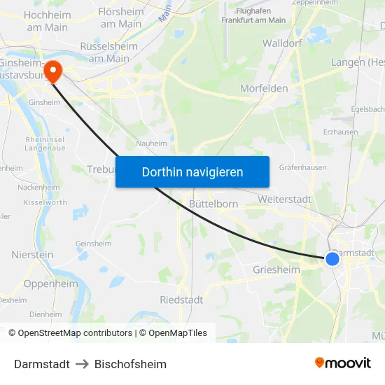 Darmstadt to Bischofsheim map