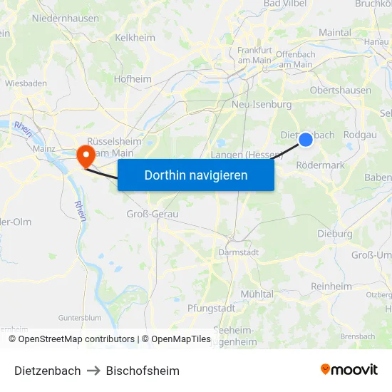 Dietzenbach to Bischofsheim map