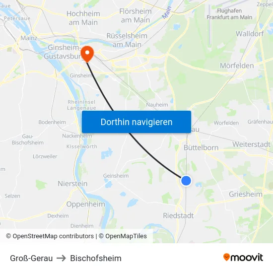 Groß-Gerau to Bischofsheim map