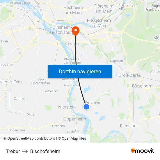 Trebur to Bischofsheim map