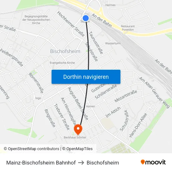 Mainz-Bischofsheim Bahnhof to Bischofsheim map