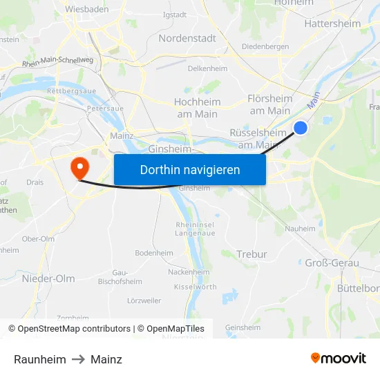 Raunheim to Mainz map