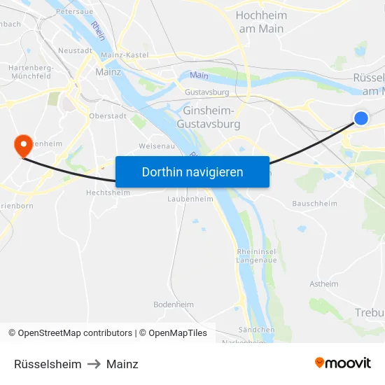 Rüsselsheim to Mainz map
