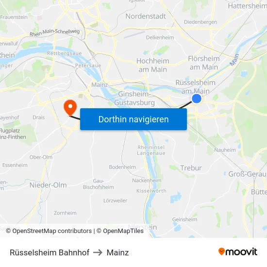 Rüsselsheim Bahnhof to Mainz map