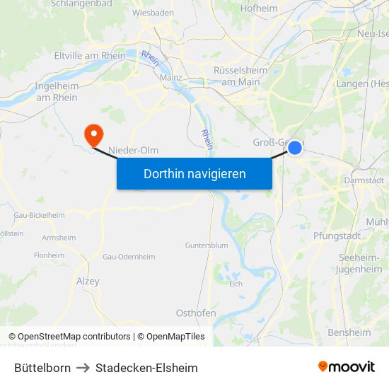 Büttelborn to Stadecken-Elsheim map