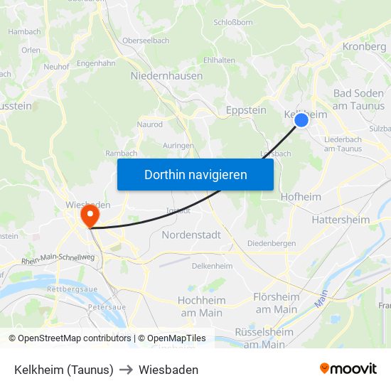 Kelkheim (Taunus) to Wiesbaden map