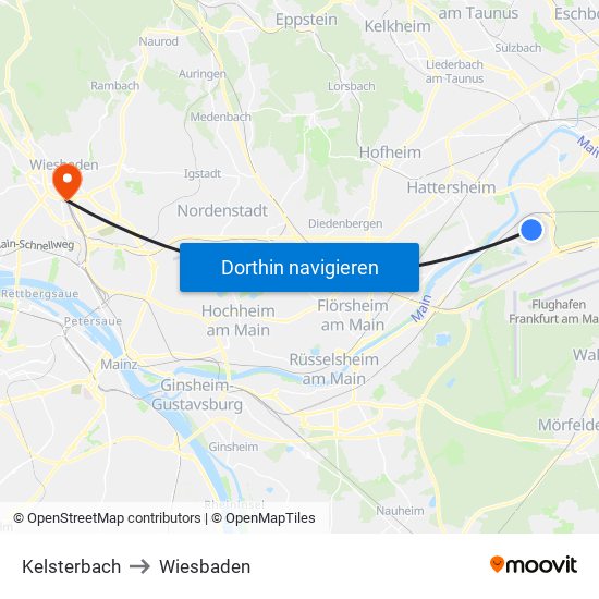 Kelsterbach to Wiesbaden map