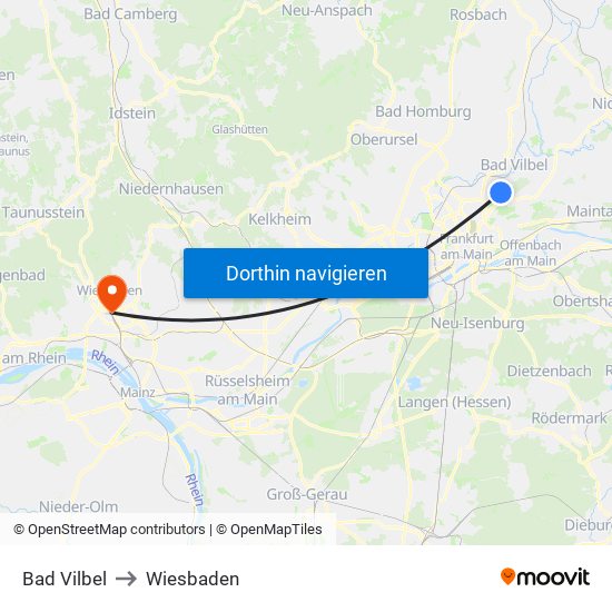 Bad Vilbel to Wiesbaden map