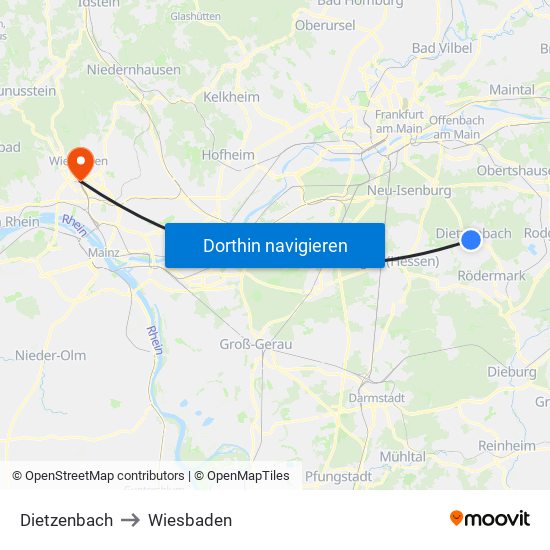 Dietzenbach to Wiesbaden map