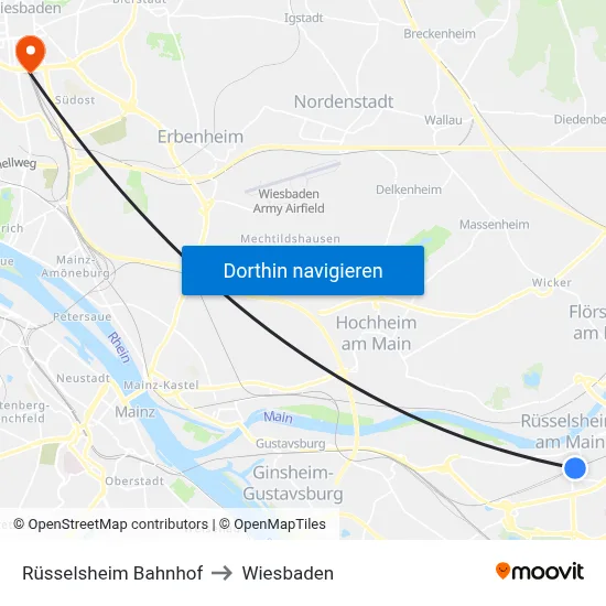 Rüsselsheim Bahnhof to Wiesbaden map