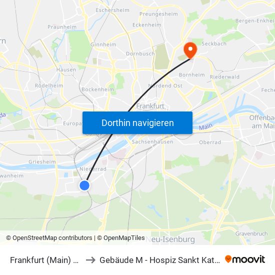 Frankfurt (Main) Niederrad Bahnhof to Gebäude M - Hospiz Sankt Katharina / Krankenpflegeschule map